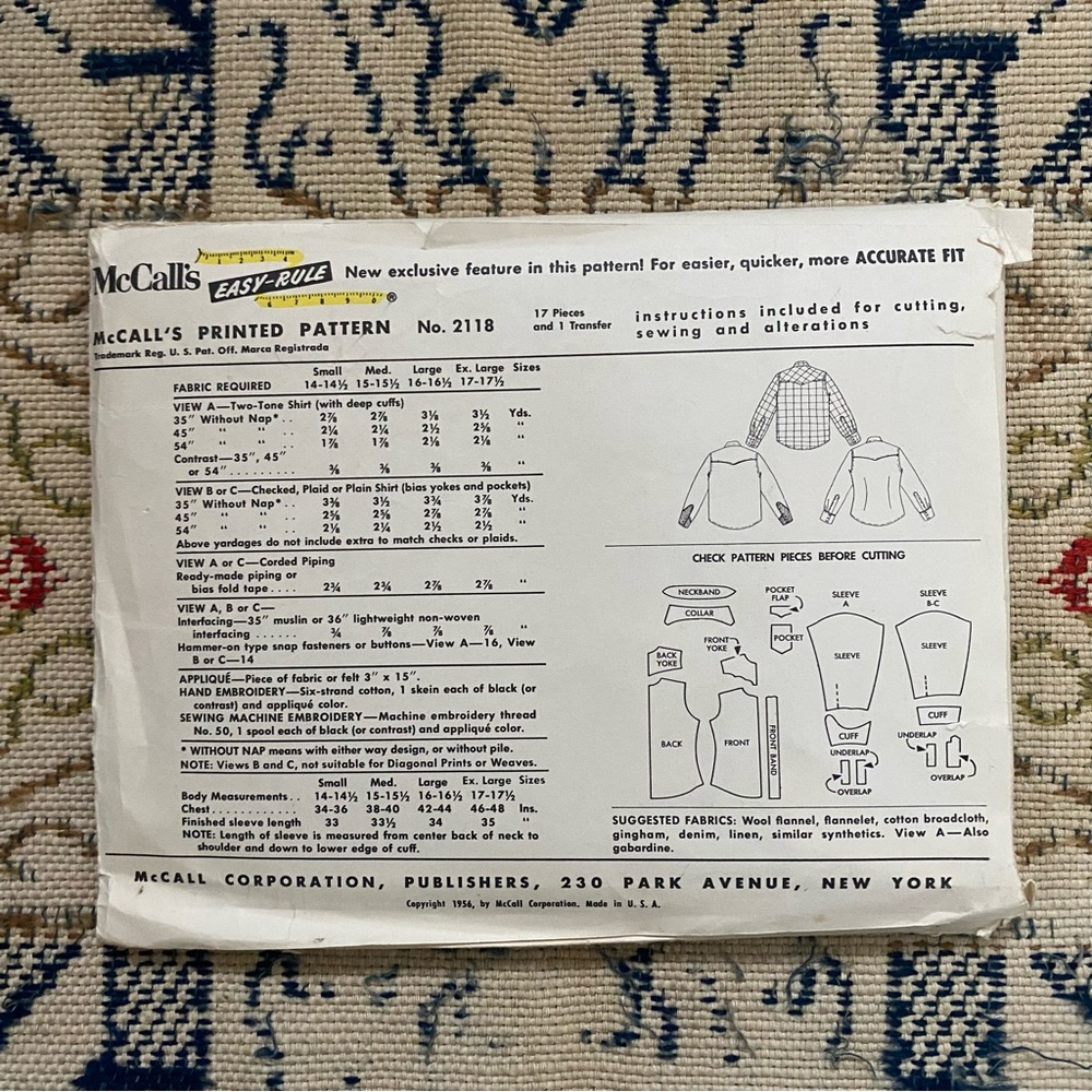 McCall's 2118 Men’s Western Shirt + Transfers Vintage Sewing Pattern 50s M 38-40 - Picture 2 of 3